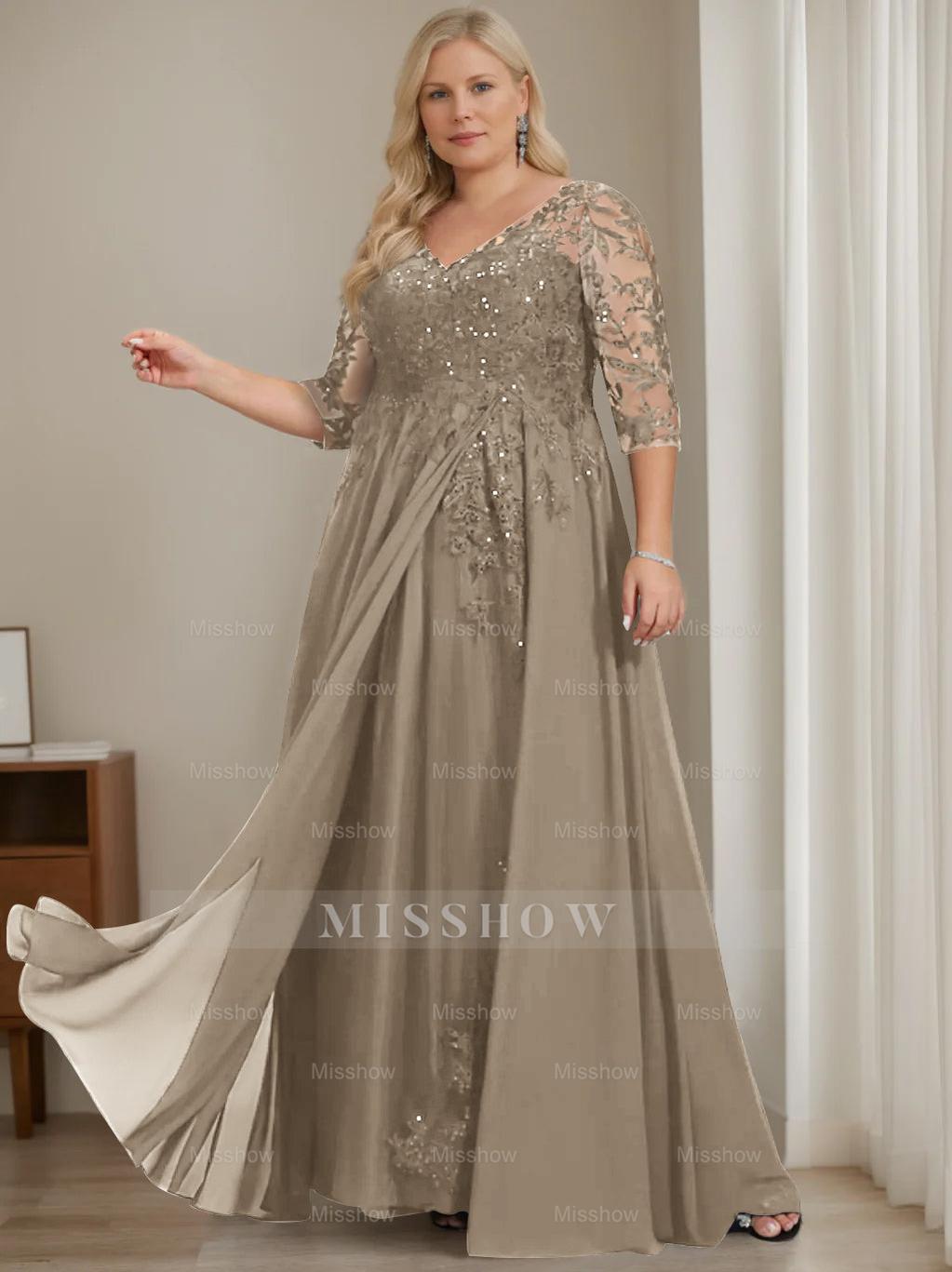 Plus Size V-Neck A-Line Princess Floor-Length Mother of the Bride Dress with Half Sleeves and Sequins