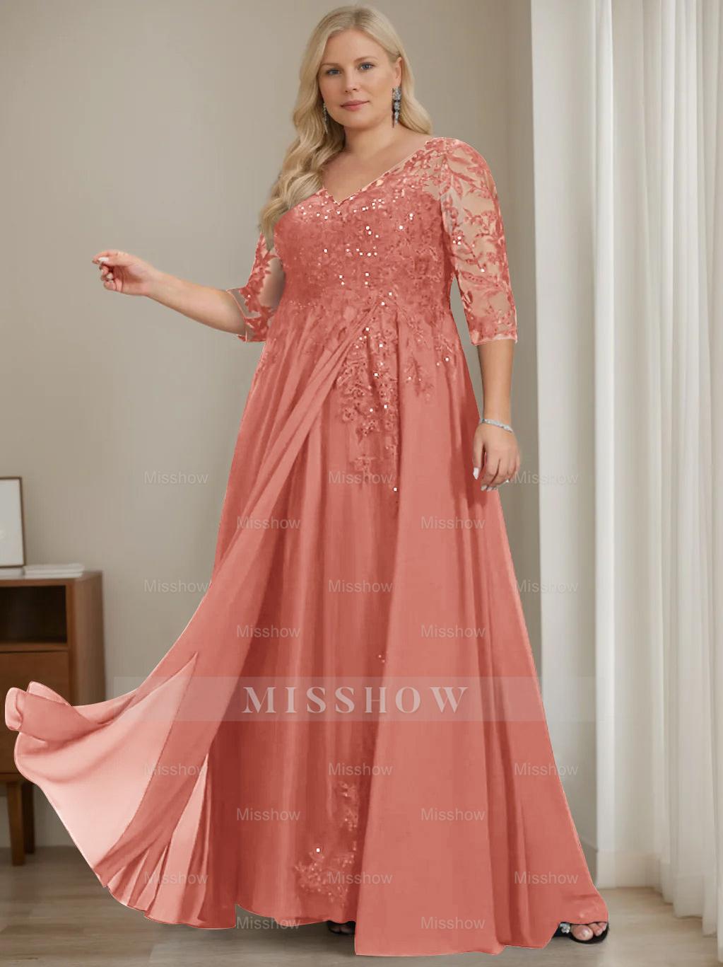 Plus Size V-Neck A-Line Princess Floor-Length Mother of the Bride Dress with Half Sleeves and Sequins
