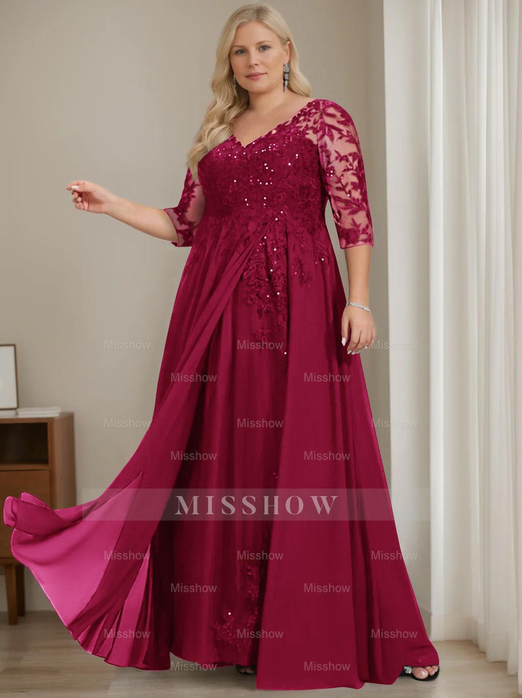 Plus Size V-Neck A-Line Princess Floor-Length Mother of the Bride Dress with Half Sleeves and Sequins