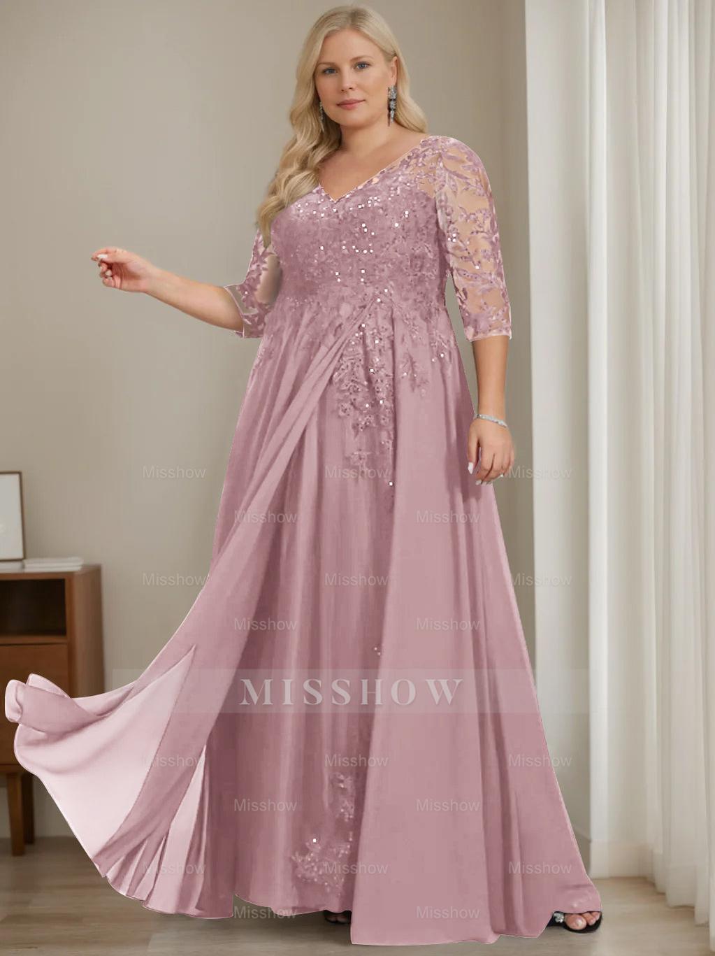 Plus Size V-Neck A-Line Princess Floor-Length Mother of the Bride Dress with Half Sleeves and Sequins