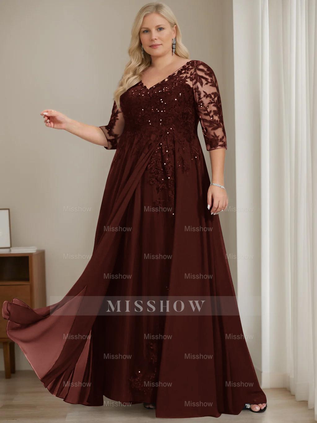 Plus Size V-Neck A-Line Princess Floor-Length Mother of the Bride Dress with Half Sleeves and Sequins