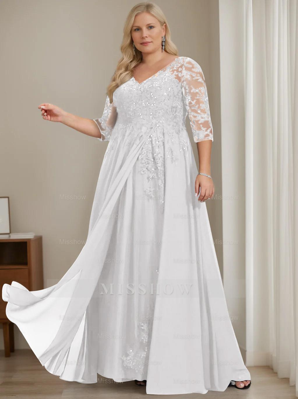Plus Size V-Neck A-Line Princess Floor-Length Mother of the Bride Dress with Half Sleeves and Sequins