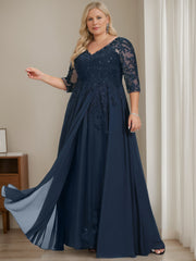 Plus Size V-Neck A-Line Princess Floor-Length Mother of the Bride Dress with Half Sleeves and Sequins