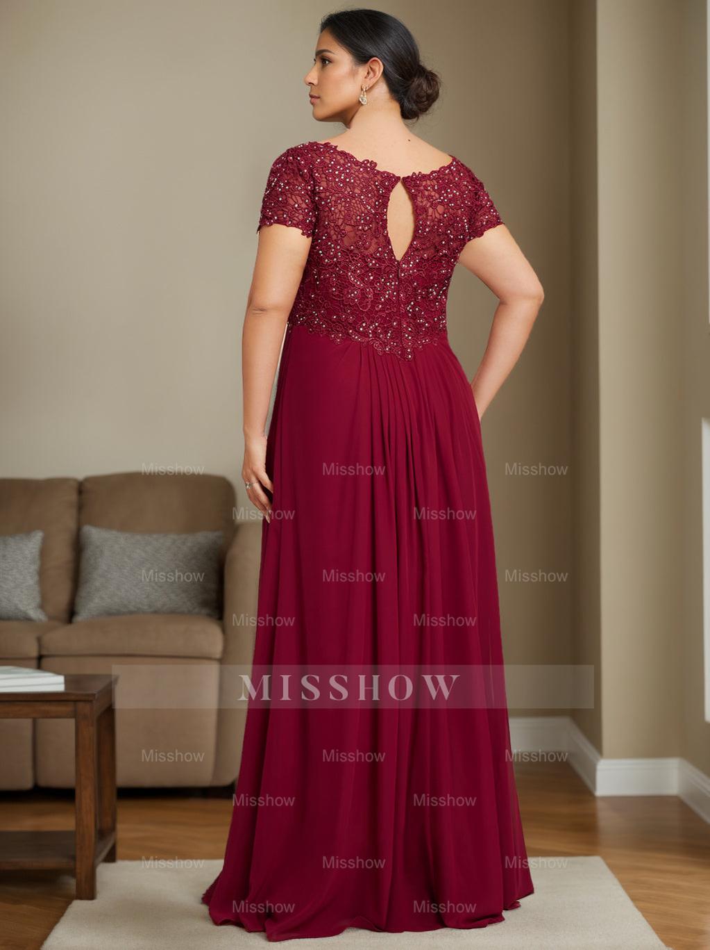 Plus Size V-Neck A-Line Princess Floor-Length Mother of the Bride Dress with Rhinestone and Pleated Details