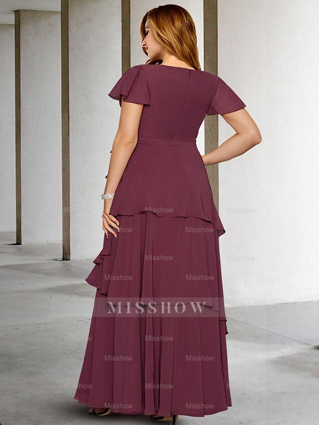 Plus Size V-Neck A-Line Princess Floor-Length Mother of the Bride Dress with Ruffles and Short Sleeves