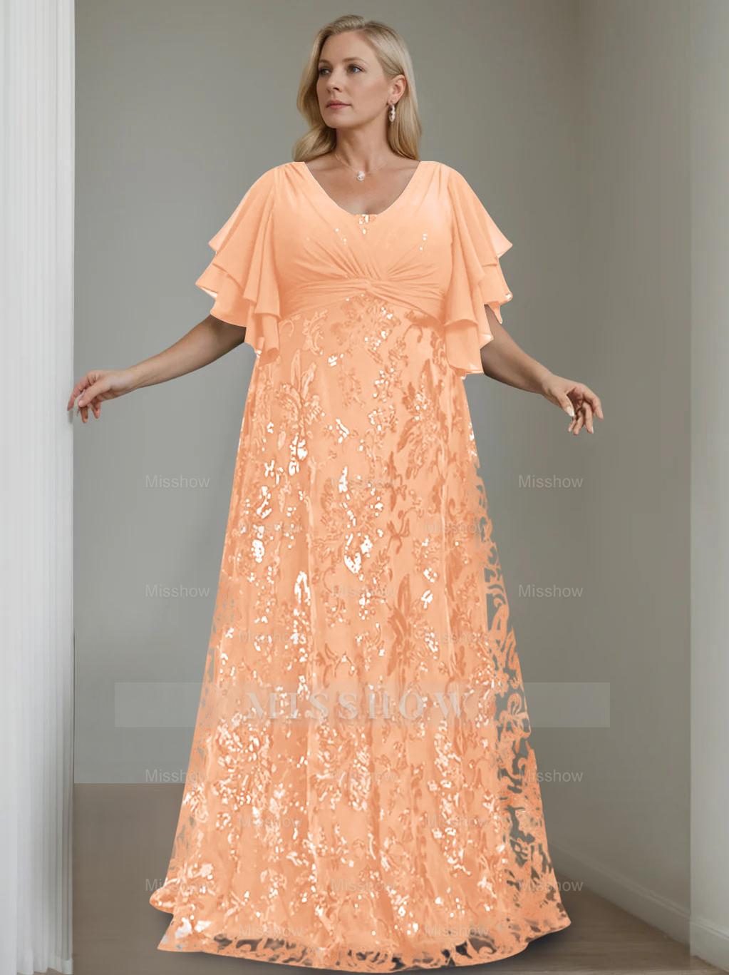 Plus Size V-Neck A-Line Princess Floor-Length Mother of the Bride Dress with Sequins and Half Sleeves