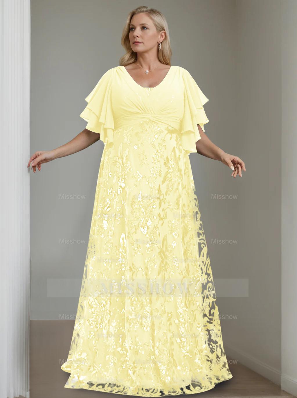 Plus Size V-Neck A-Line Princess Floor-Length Mother of the Bride Dress with Sequins and Half Sleeves