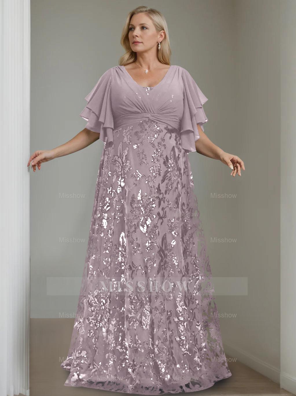 Plus Size V-Neck A-Line Princess Floor-Length Mother of the Bride Dress with Sequins and Half Sleeves