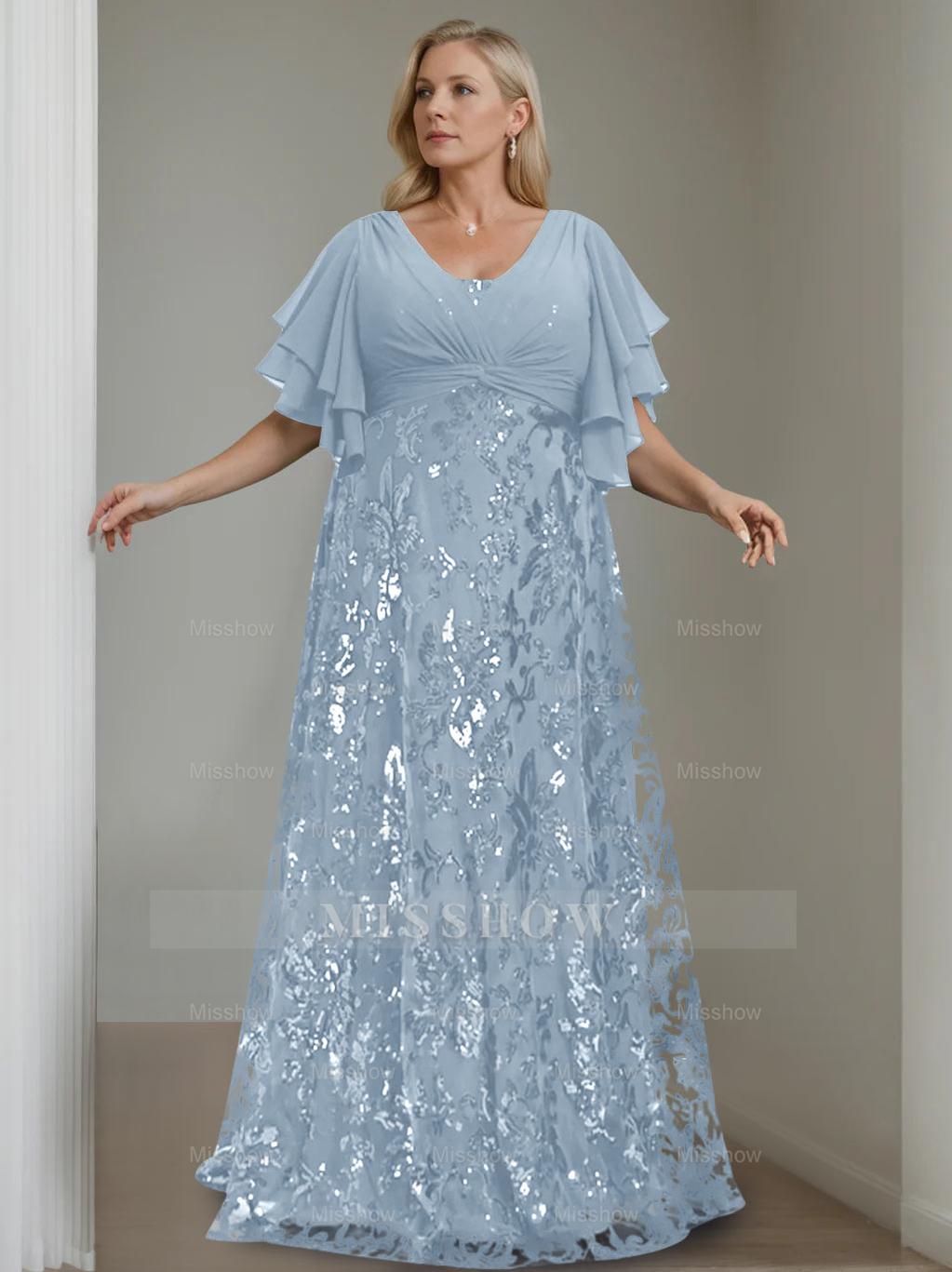 Plus Size V-Neck A-Line Princess Floor-Length Mother of the Bride Dress with Sequins and Half Sleeves
