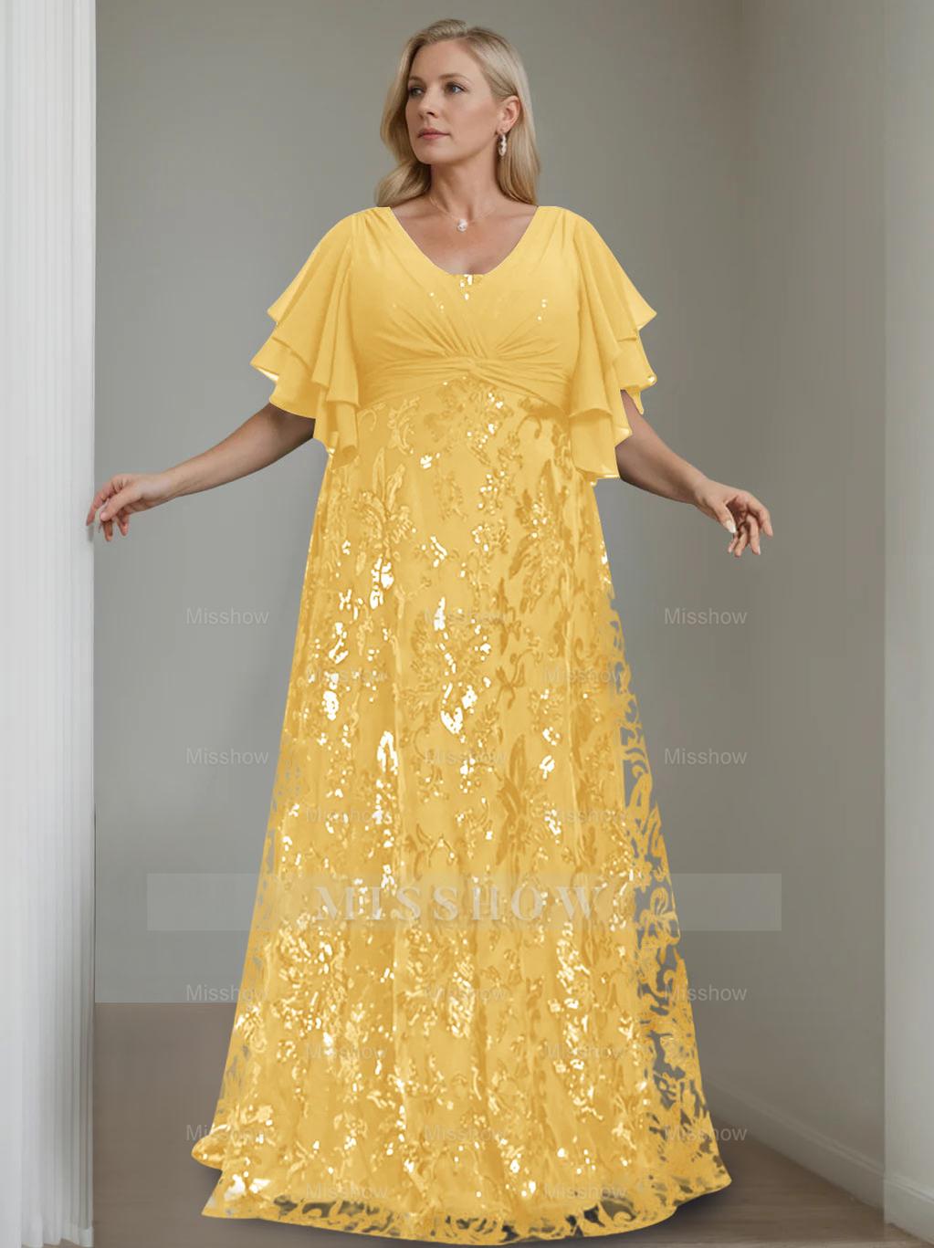 Plus Size V-Neck A-Line Princess Floor-Length Mother of the Bride Dress with Sequins and Half Sleeves