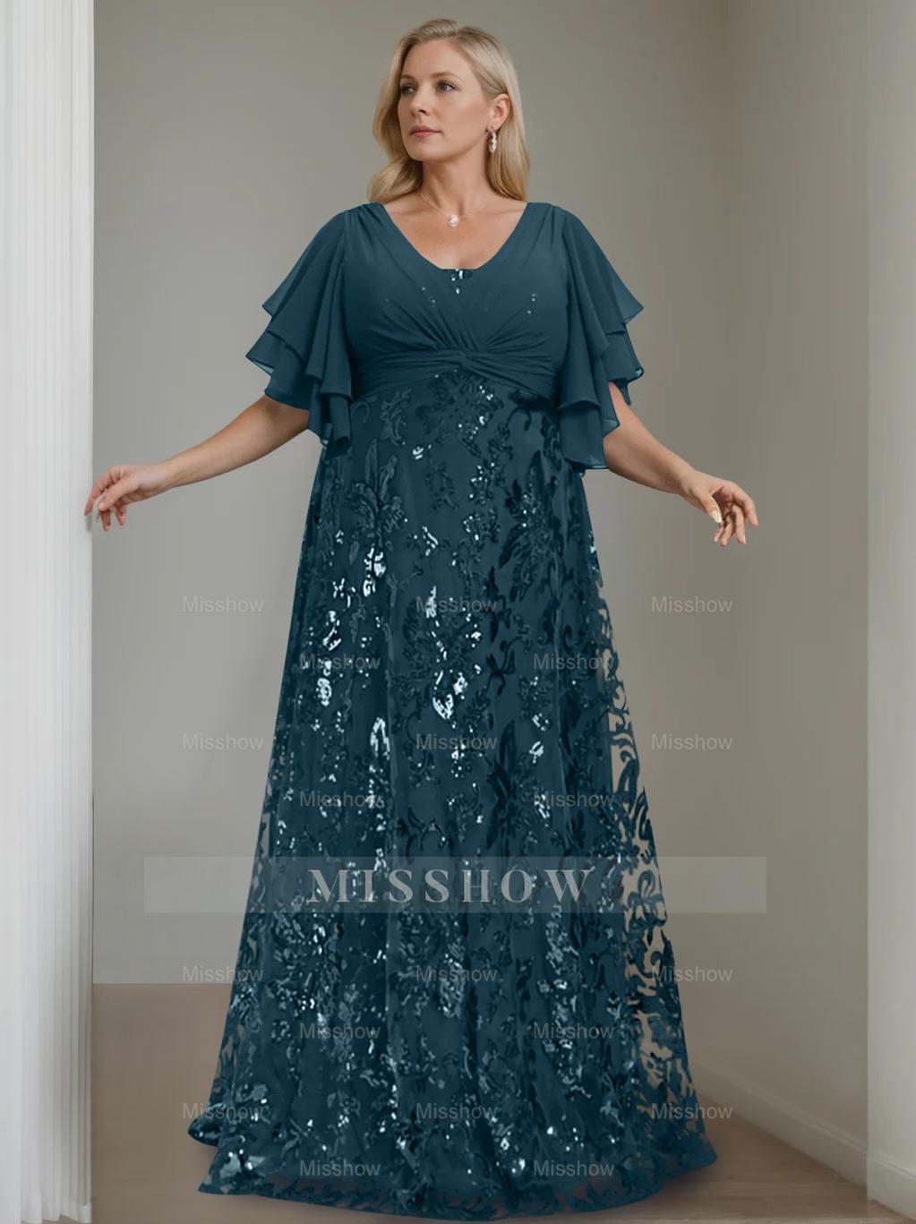 Plus Size V-Neck A-Line Princess Floor-Length Mother of the Bride Dress with Sequins and Half Sleeves