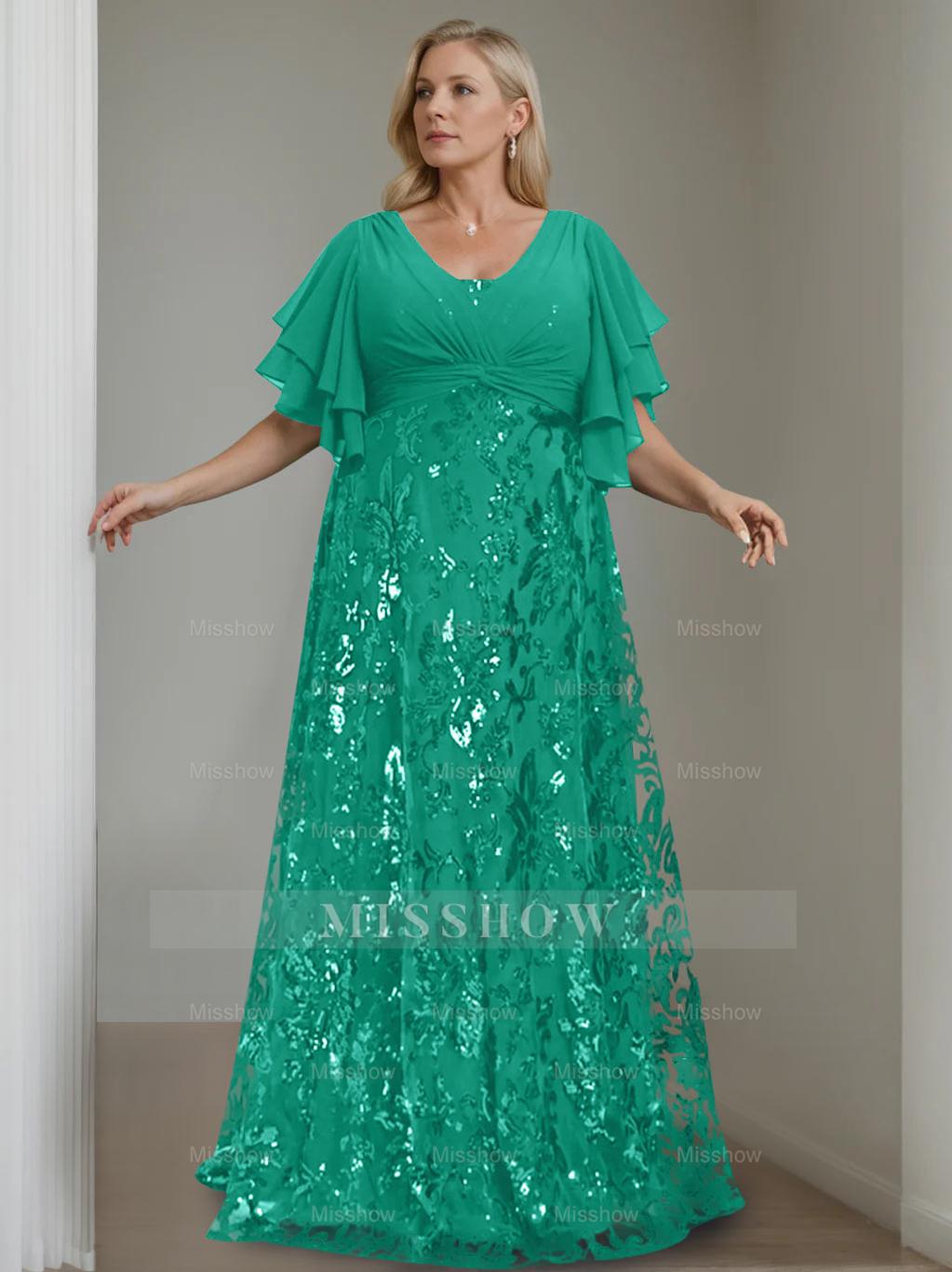 Plus Size V-Neck A-Line Princess Floor-Length Mother of the Bride Dress with Sequins and Half Sleeves