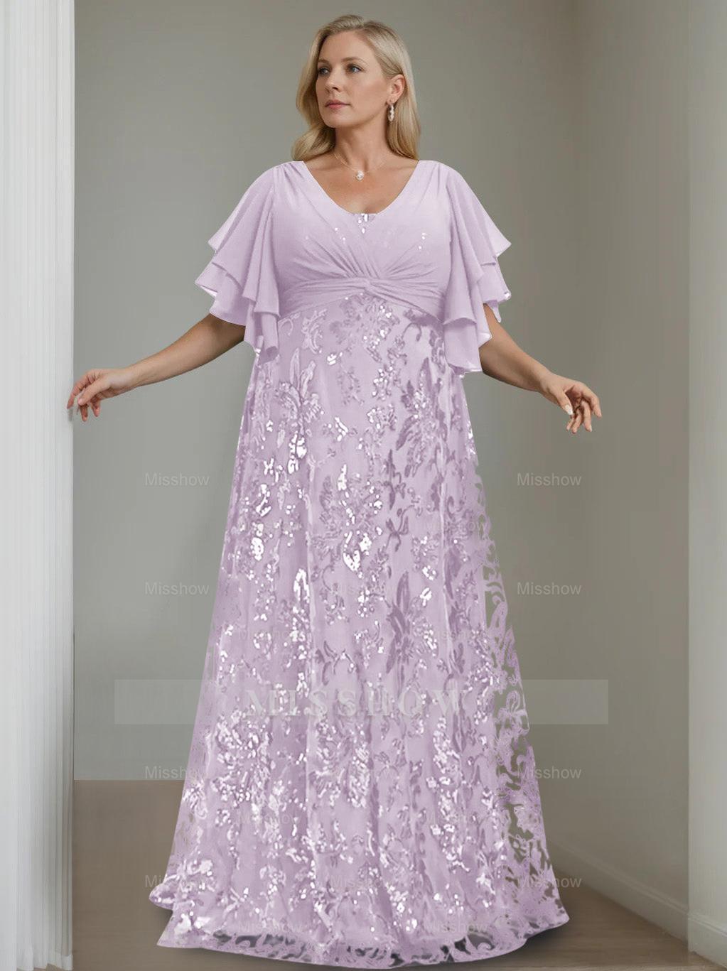 Plus Size V-Neck A-Line Princess Floor-Length Mother of the Bride Dress with Sequins and Half Sleeves