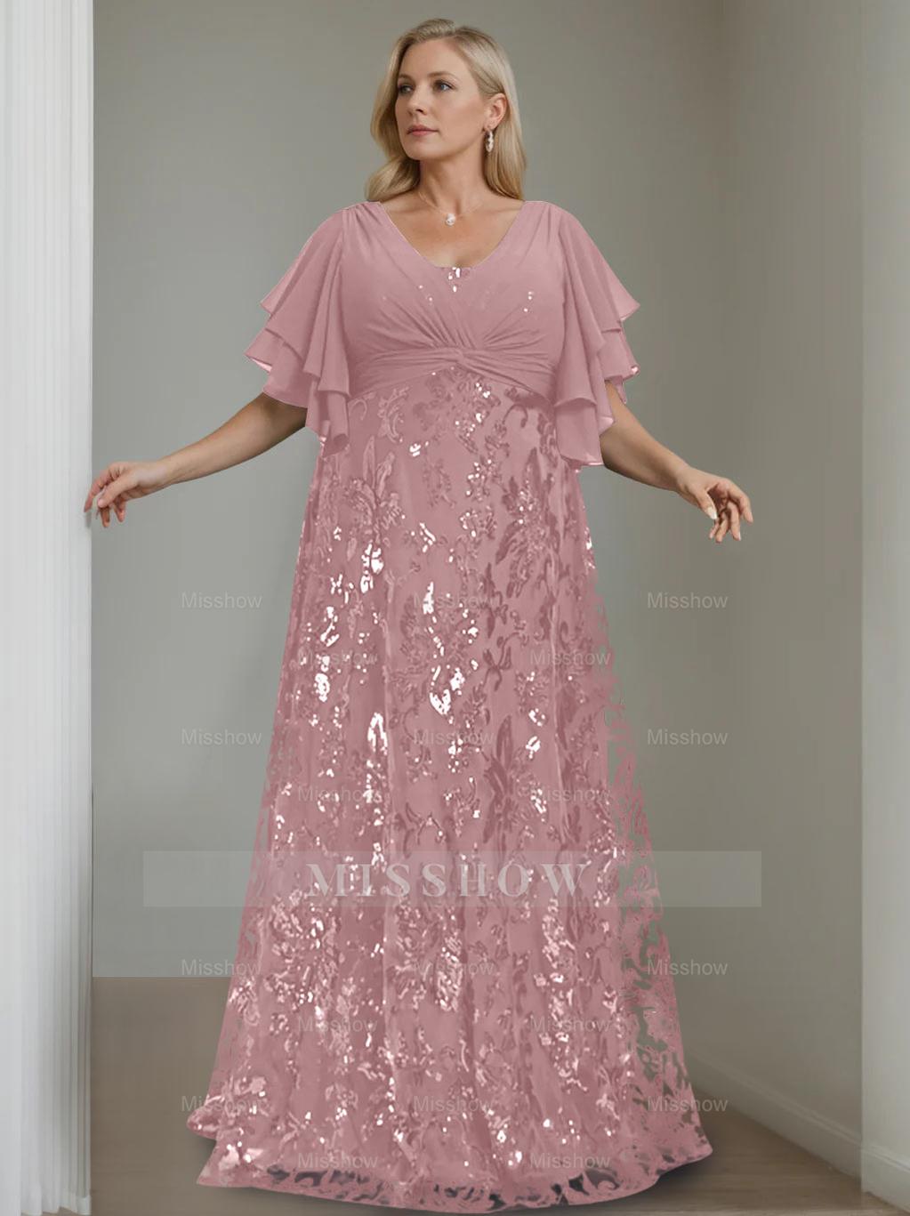 Plus Size V-Neck A-Line Princess Floor-Length Mother of the Bride Dress with Sequins and Half Sleeves