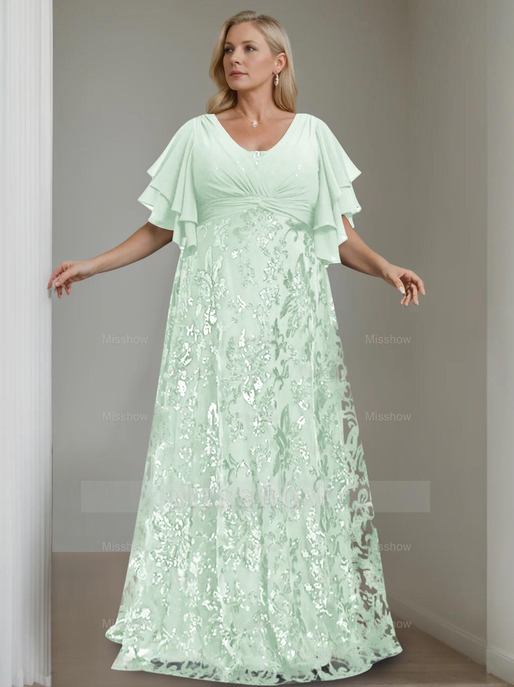 Plus Size V-Neck A-Line Princess Floor-Length Mother of the Bride Dress with Sequins and Half Sleeves