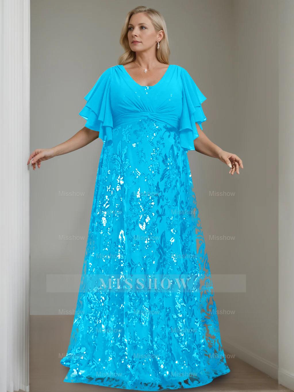 Plus Size V-Neck A-Line Princess Floor-Length Mother of the Bride Dress with Sequins and Half Sleeves