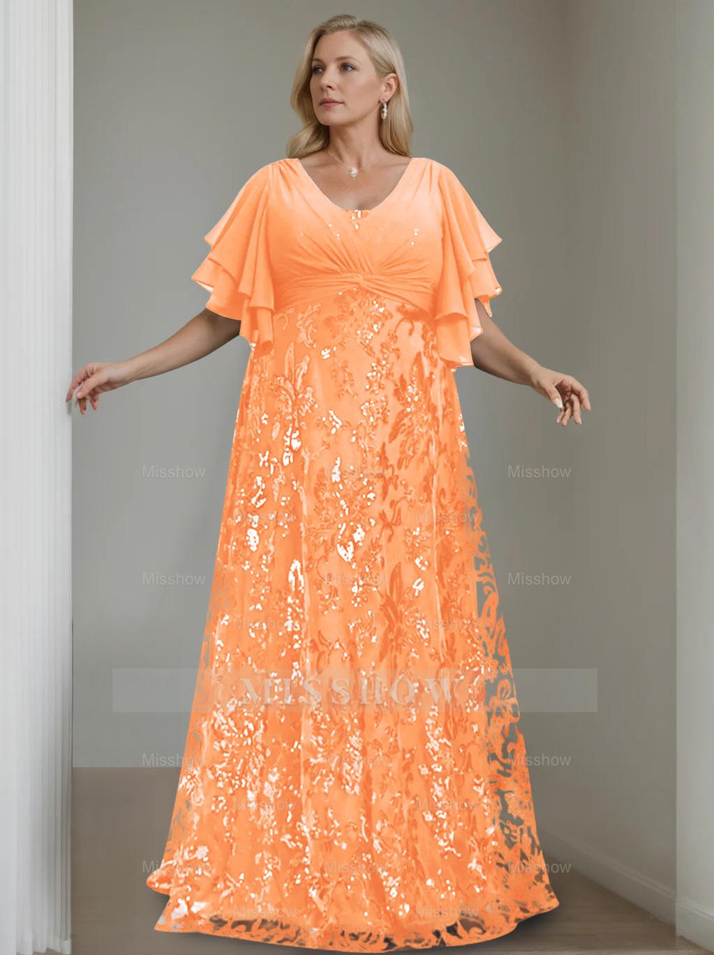 Plus Size V-Neck A-Line Princess Floor-Length Mother of the Bride Dress with Sequins and Half Sleeves