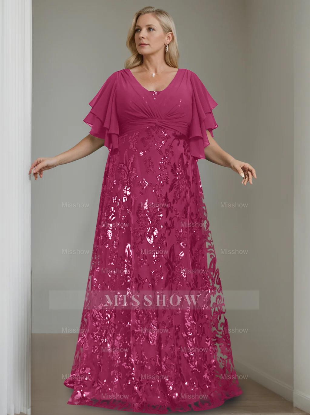Plus Size V-Neck A-Line Princess Floor-Length Mother of the Bride Dress with Sequins and Half Sleeves