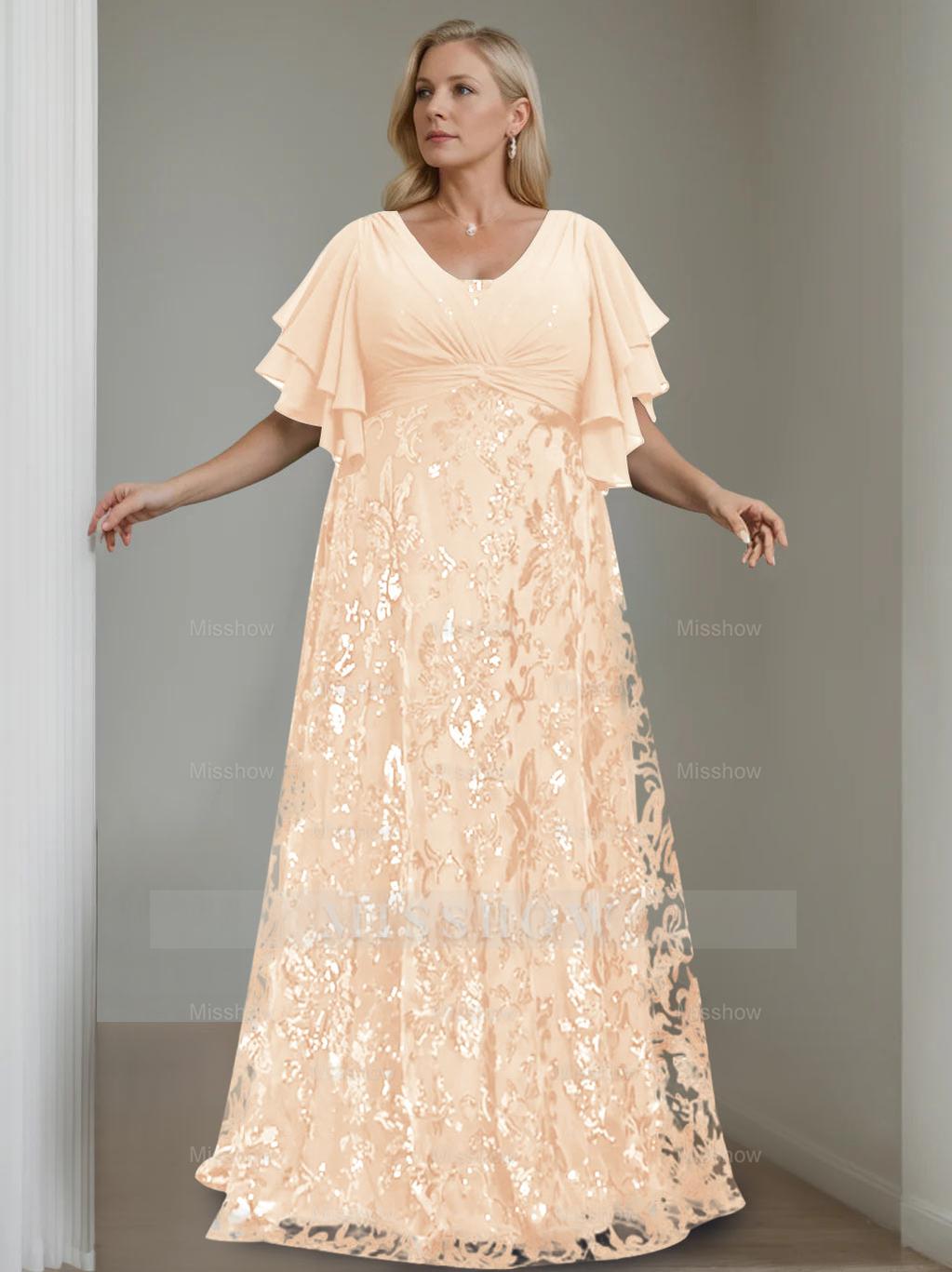 Plus Size V-Neck A-Line Princess Floor-Length Mother of the Bride Dress with Sequins and Half Sleeves