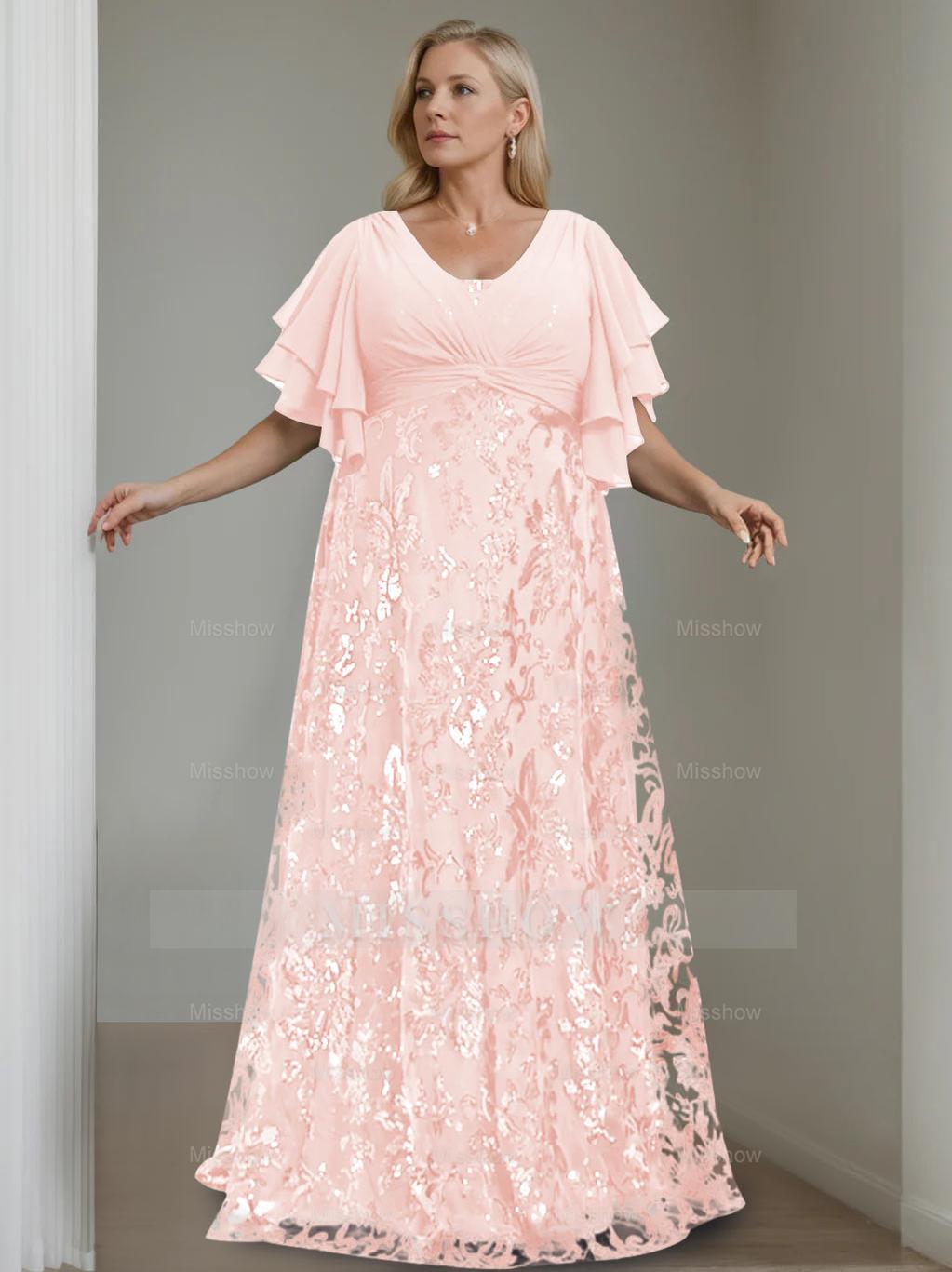 Plus Size V-Neck A-Line Princess Floor-Length Mother of the Bride Dress with Sequins and Half Sleeves