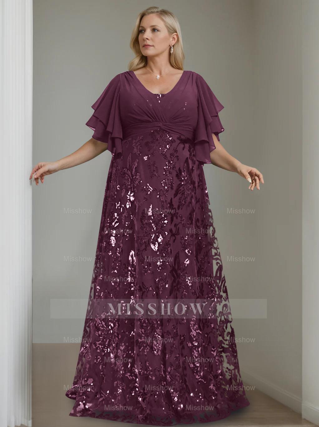 Plus Size V-Neck A-Line Princess Floor-Length Mother of the Bride Dress with Sequins and Half Sleeves