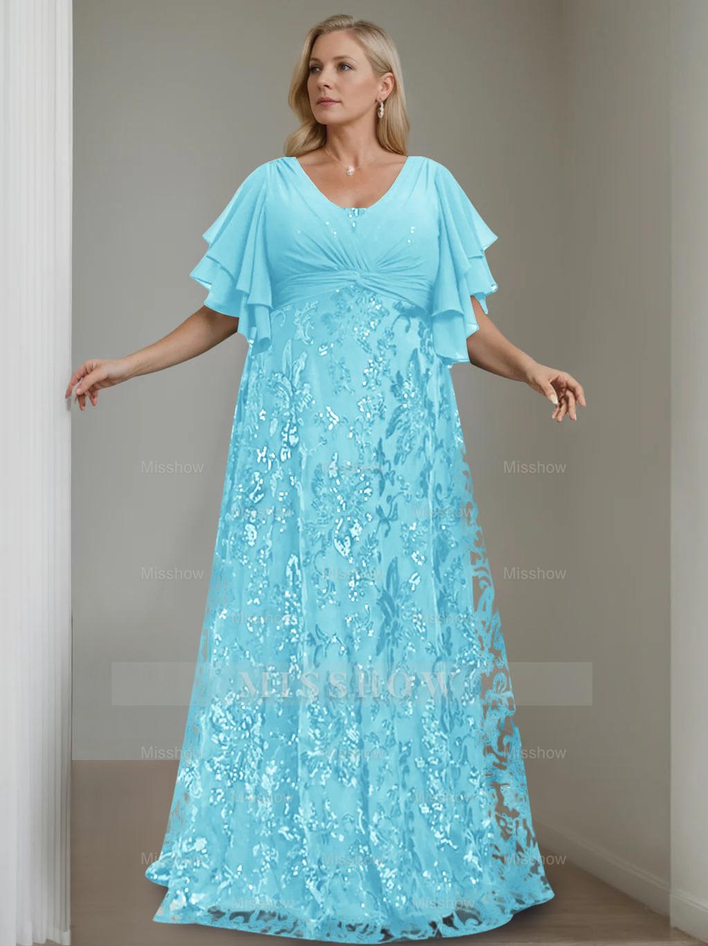 Plus Size V-Neck A-Line Princess Floor-Length Mother of the Bride Dress with Sequins and Half Sleeves