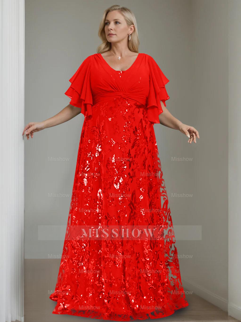 Plus Size V-Neck A-Line Princess Floor-Length Mother of the Bride Dress with Sequins and Half Sleeves