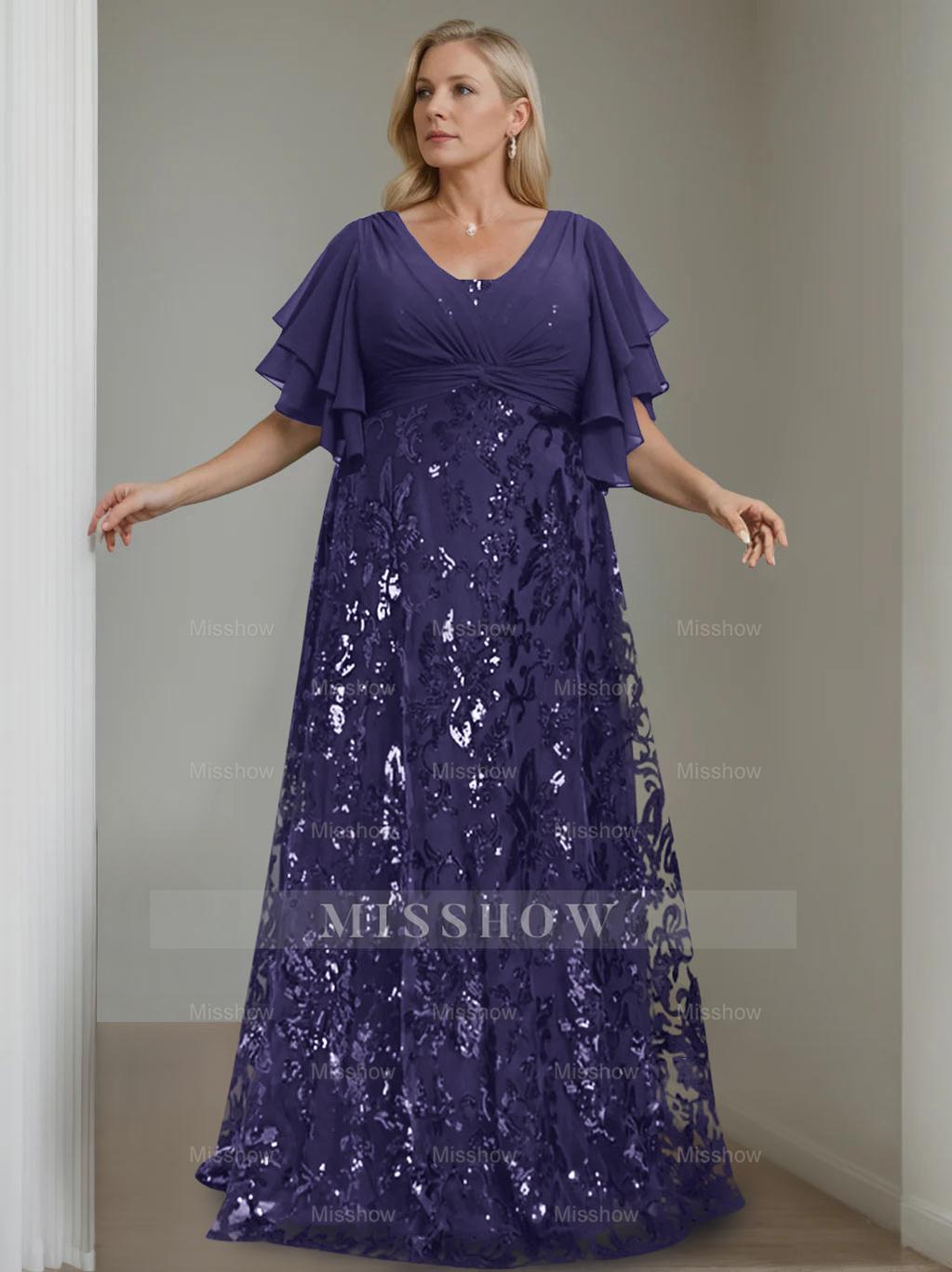Plus Size V-Neck A-Line Princess Floor-Length Mother of the Bride Dress with Sequins and Half Sleeves