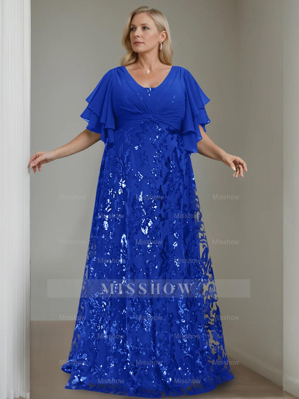 Plus Size V-Neck A-Line Princess Floor-Length Mother of the Bride Dress with Sequins and Half Sleeves