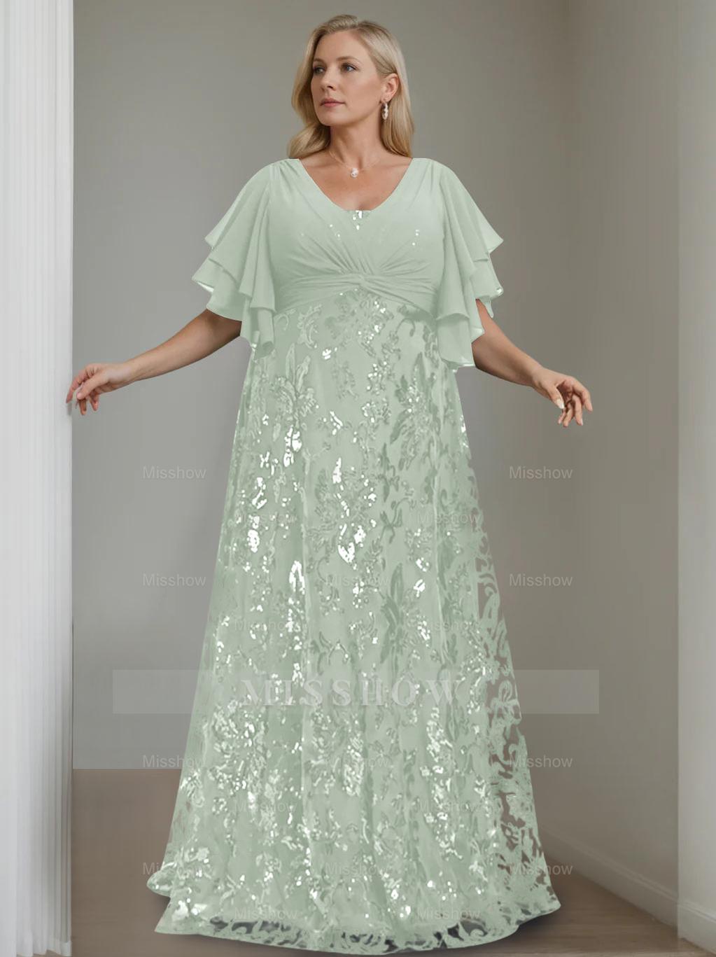 Plus Size V-Neck A-Line Princess Floor-Length Mother of the Bride Dress with Sequins and Half Sleeves