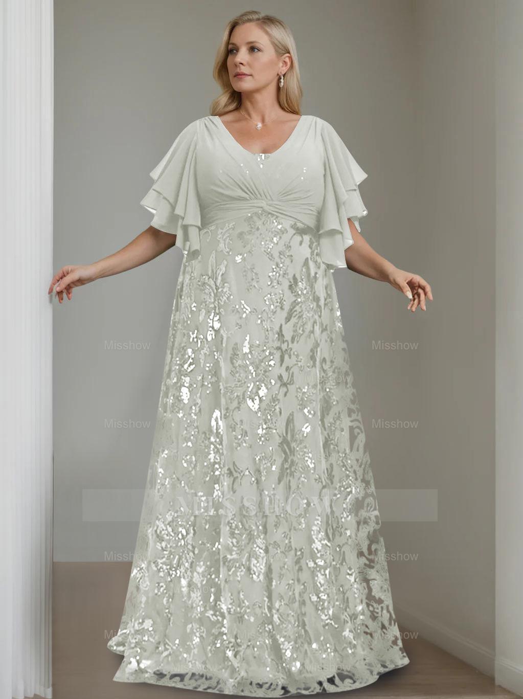 Plus Size V-Neck A-Line Princess Floor-Length Mother of the Bride Dress with Sequins and Half Sleeves