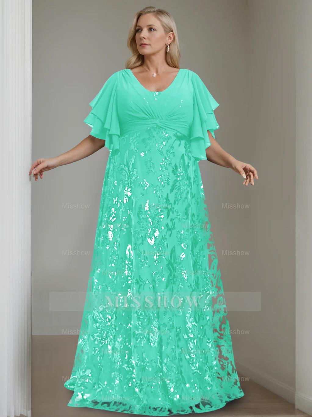 Plus Size V-Neck A-Line Princess Floor-Length Mother of the Bride Dress with Sequins and Half Sleeves