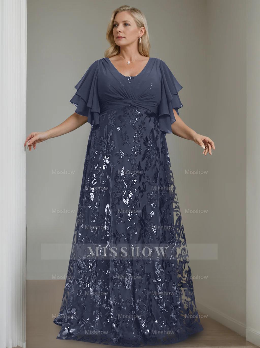 Plus Size V-Neck A-Line Princess Floor-Length Mother of the Bride Dress with Sequins and Half Sleeves