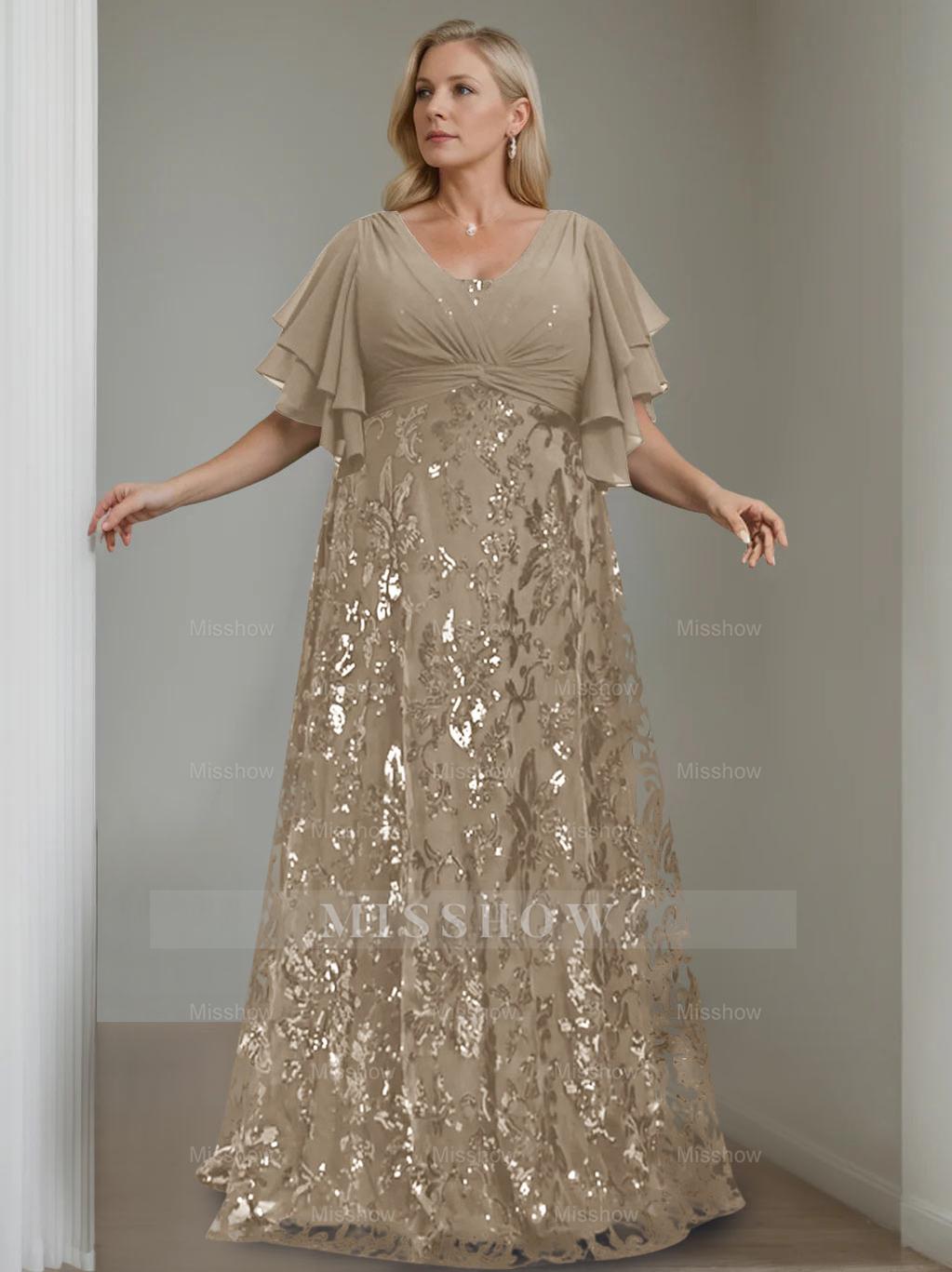 Plus Size V-Neck A-Line Princess Floor-Length Mother of the Bride Dress with Sequins and Half Sleeves