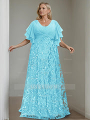 Plus Size V-Neck A-Line Princess Floor-Length Mother of the Bride Dress with Sequins and Half Sleeves