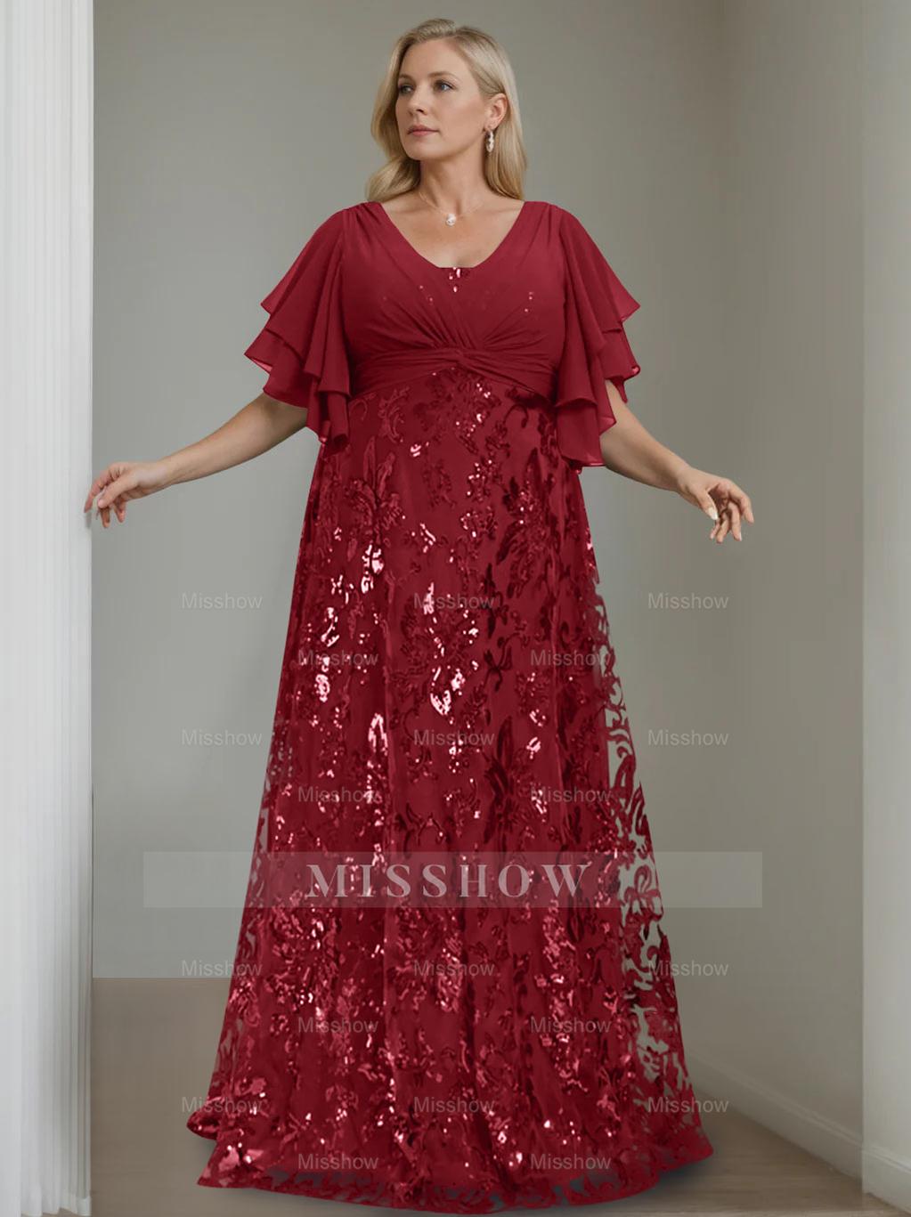 Plus Size V-Neck A-Line Princess Floor-Length Mother of the Bride Dress with Sequins and Half Sleeves
