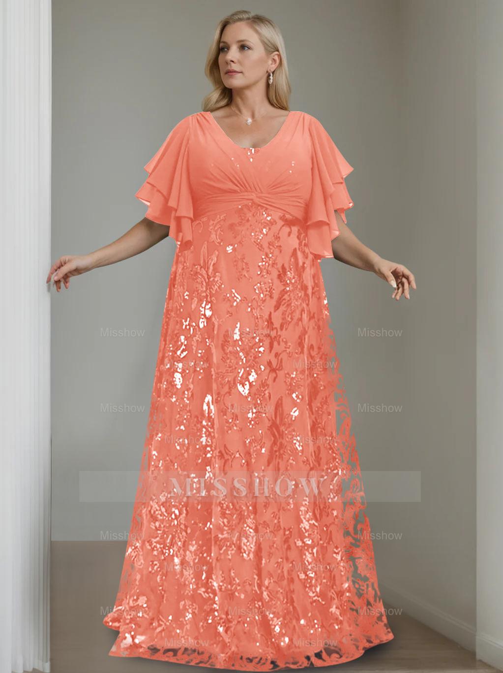Plus Size V-Neck A-Line Princess Floor-Length Mother of the Bride Dress with Sequins and Half Sleeves