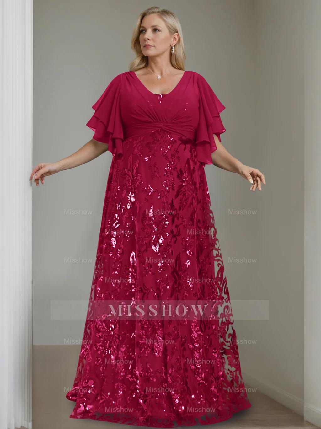 Plus Size V-Neck A-Line Princess Floor-Length Mother of the Bride Dress with Sequins and Half Sleeves