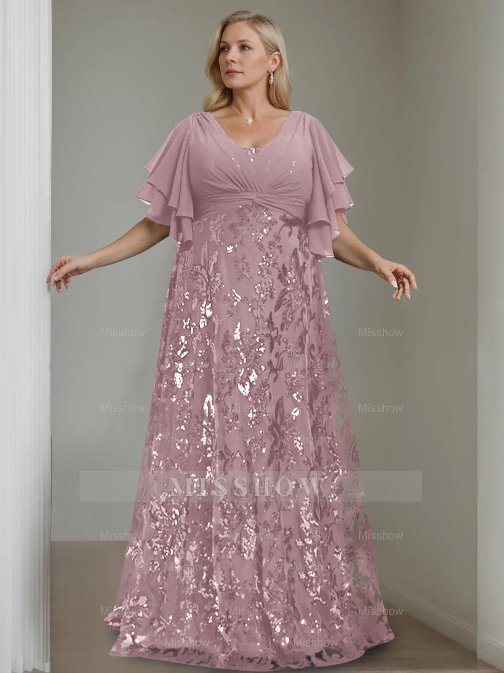 Plus Size V-Neck A-Line Princess Floor-Length Mother of the Bride Dress with Sequins and Half Sleeves