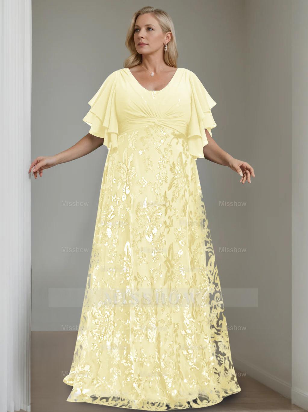 Plus Size V-Neck A-Line Princess Floor-Length Mother of the Bride Dress with Sequins and Half Sleeves