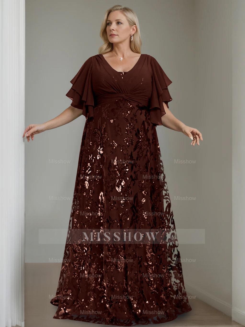 Plus Size V-Neck A-Line Princess Floor-Length Mother of the Bride Dress with Sequins and Half Sleeves