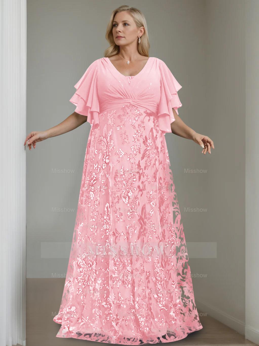 Plus Size V-Neck A-Line Princess Floor-Length Mother of the Bride Dress with Sequins and Half Sleeves