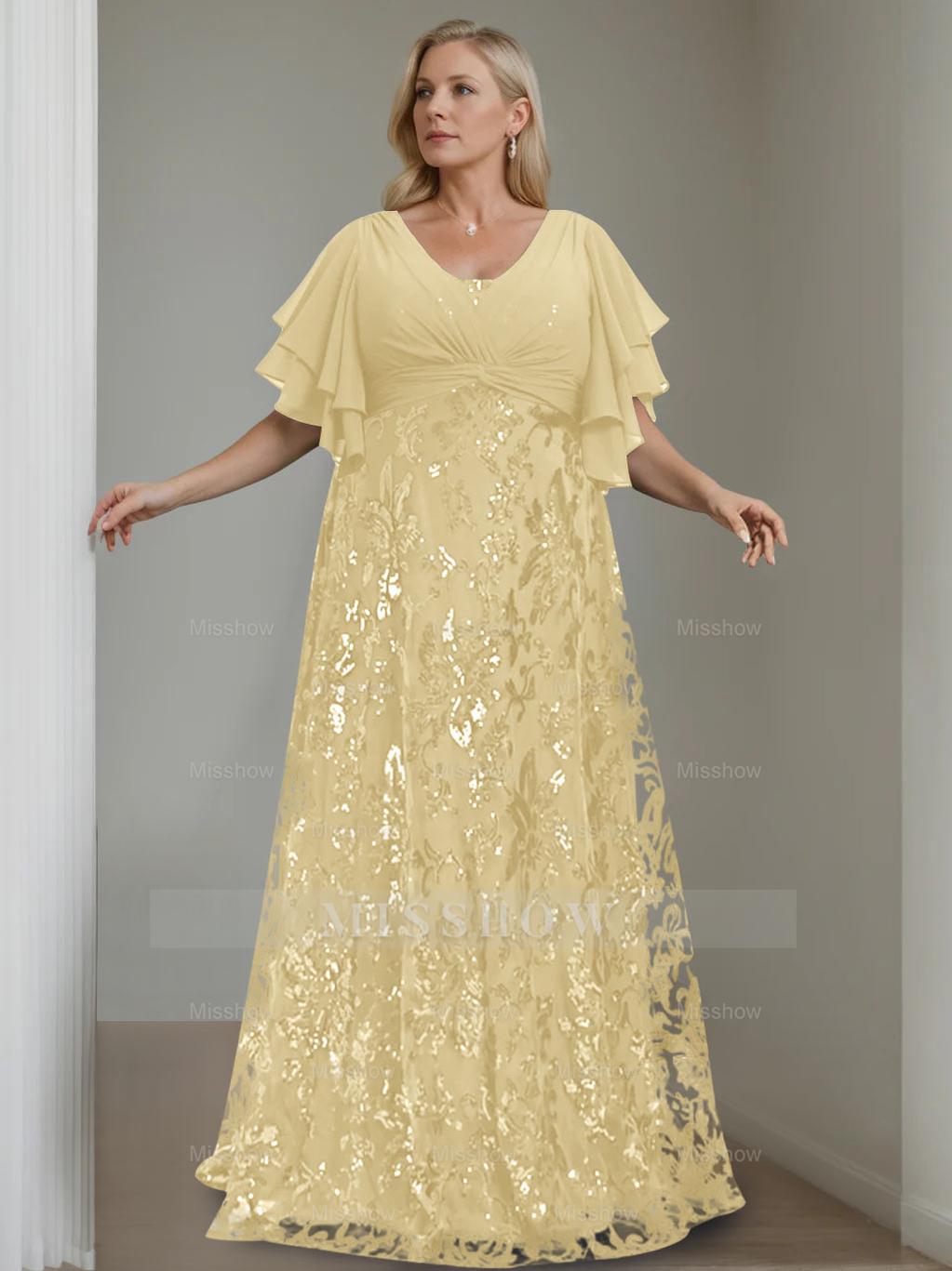 Plus Size V-Neck A-Line Princess Floor-Length Mother of the Bride Dress with Sequins and Half Sleeves