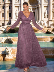 Plus Size V-Neck A-Line Princess Floor-Length Mother of the Bride/Groom Dress with Long Sleeves and Ruffles