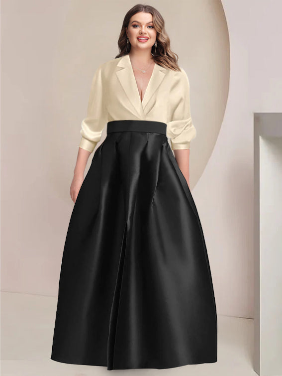 Plus Size V-Neck A-Line Princess Mother of the Bride Dress with Long Sleeves and Pockets