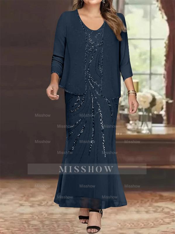 Plus Size V-Neck Ankle-Length Sheath/Column Mother of the Bride Dresses with Sequins & Jacket