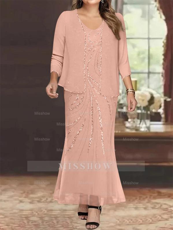 Plus Size V-Neck Ankle-Length Sheath/Column Mother of the Bride Dresses with Sequins & Jacket