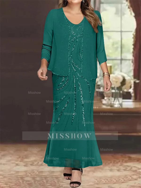 Plus Size V-Neck Ankle-Length Sheath/Column Mother of the Bride Dresses with Sequins & Jacket