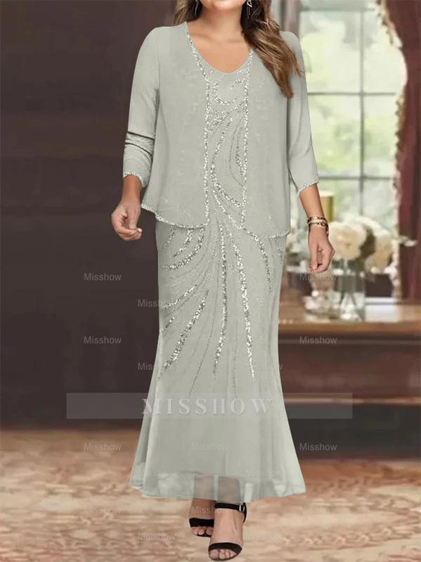 Plus Size V-Neck Ankle-Length Sheath/Column Mother of the Bride Dresses with Sequins & Jacket