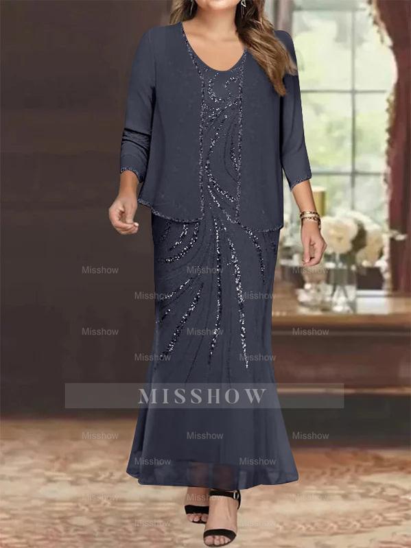 Plus Size V-Neck Ankle-Length Sheath/Column Mother of the Bride Dresses with Sequins & Jacket